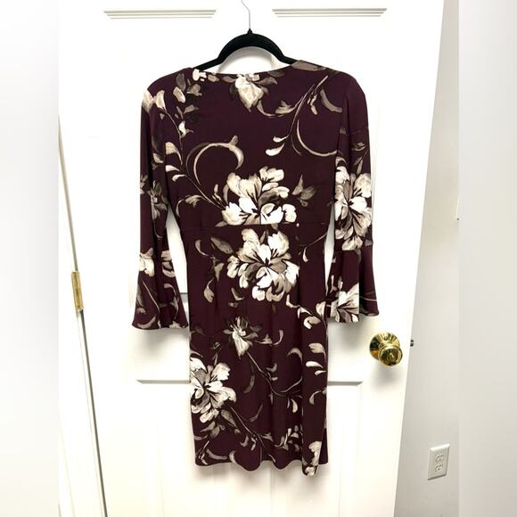 Lauren Ralph Lauren Wine Red Purple Dress, 3/4 bell sleeves, V Neck, Size 4 - Picture 6 of 11